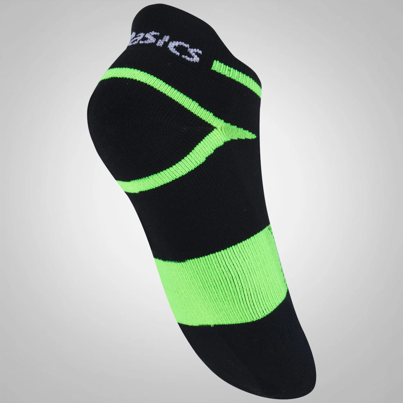 Meia Asics Quick Lyte, cor preto, vista lateral, com detalhes verdes